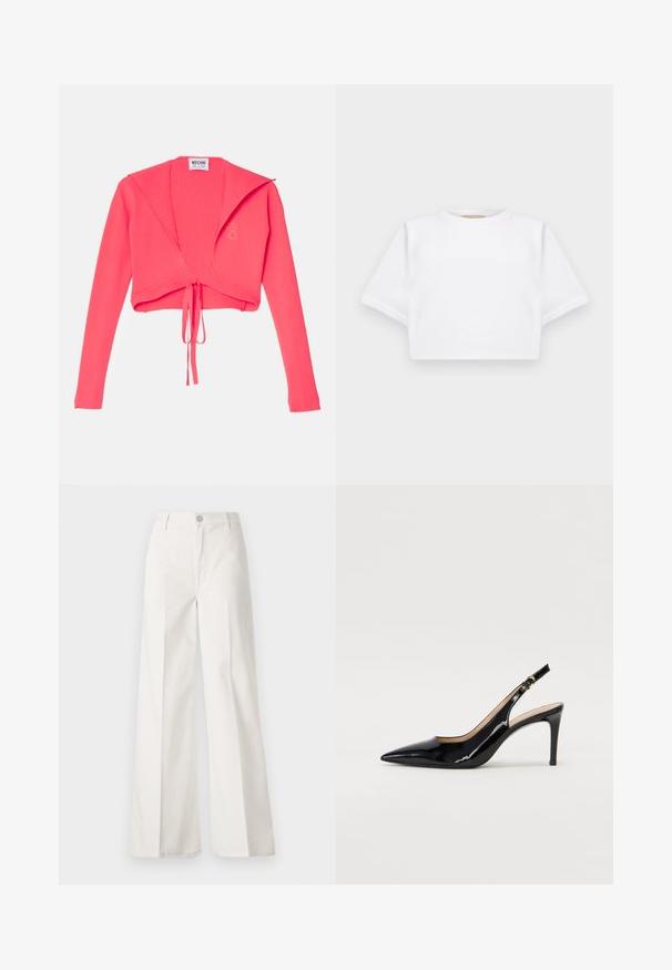 Ριμπέ, κοντό πουλόβερ σε φωτεινό ροζ, με μακριά μανίκια και κόμπο μπροστά. Η ετικέτα γράφει "Moschino Jeans" στο εσωτερικό.; Κομμένη λευκή μπλούζα φτιαγμένη από μαλακό ύφασμα, με κοντά μανικά και στρογγυλή λαιμόκοψη, καθώς και ριγωτές λεπτομέρειες στο τελείωμα. Απλός και χωρίς διακοσμήσεις σχεδιασμός.; Λευκά παντελόνια σε φαρδιά γραμμή, κατασκευασμένα από βαμβάκι με λεία υφή. Διαθέτουν μπροστινό κουμπί, φερμουάρ και τέσσερις τσέπες.; Μαύρη πατέν κλίνγκμπακ άντρες με μυτερή μύτη, λεπτό τακούνι και διακριτικό σχέδιο κοψίματος. Διαθέτει χρυσό κούμπωμα στη λωρίδα.