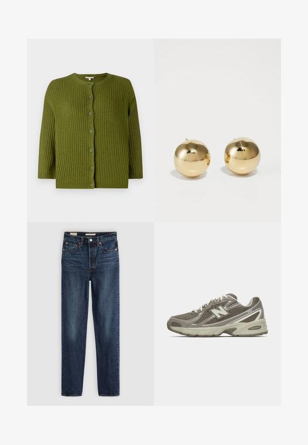 Grön ribbad stickad cardigan med långa ärmar och sju matchande knappar fram, med rund halsringning och rak nederkant.; Beige långärmad skjorta i lätt tyg, med krage, knappstängning och rundad nederkant. Slät textur, avslappnad passform.; Mörkblå raka jeans med fem fickor, knapp- och dragkedjestängning och kontrastsytt.; Idrottssko i grå och beige mesh med en texturerad yta, utrustad med en dämpad sula, vita snören och reflekterande silvriga detaljer.; Guld runda studsörhängen med en polerad yta och liten post. Har en slät textur och reflekterande yta.