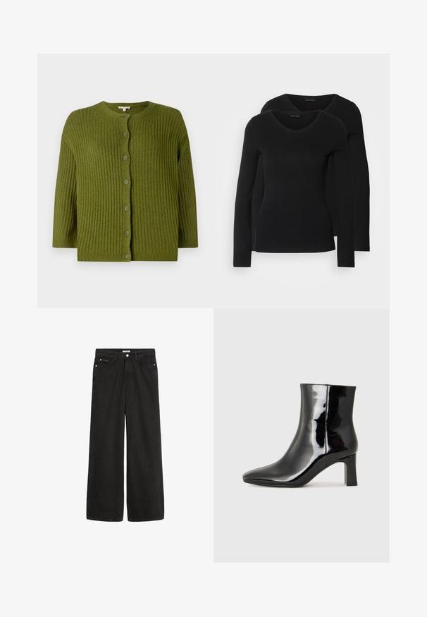 Green ribbed knit cardigan with long sleeves and seven matching buttons down the front, featuring a round neckline and straight hem.; Two black long-sleeve shirts with a V-neck design, made of soft, stretchy fabric, showing smooth texture and a fitted shape.; Wide-leg black denim jeans with a high waist. Features five pockets, metal hardware, and a clean finish. The texture is smooth and soft.; Black patent leather ankle boot with a pointed toe and a mid-height block heel. Smooth texture and minimalist design.