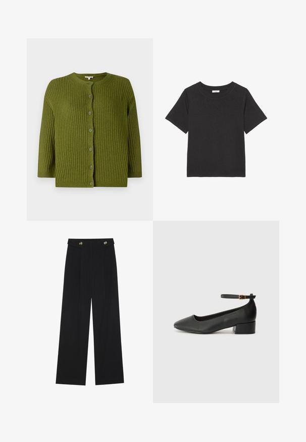 Zielony kardigan z prążkowanego dzianiny, z długimi rękawami i siedmioma dopasowanymi guzikami z przodu, z okrągłym dekoltem i prostym dołem.; Czarna koszulka z miękkiego materiału, z okrągłym dekoltem i krótkimi rękawami. Projekt jest prosty, bez widocznych wzorów czy akcentów.; Czarne szerokie spodnie z wysokim stanem, z detalami w postaci guzików na pasku oraz plisami z przodu.; Czarne skórzane szpilki z ostrym noskiem i niskim słupkowym obcasem. Wyposażone w pasek na kostkę z złotym zapięciem. Gładka tekstura.