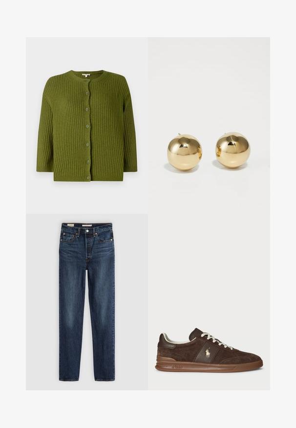 Cardigan verde a coste con maniche lunghe e sette bottoni abbinati sulla parte frontale, caratterizzato da un collo rotondo e un orlo dritto.; Maglietta in cotone marrone scuro con scollo rotondo, maniche corte e vestibilità rilassata. Design semplice senza motivi o dettagli visibili.; Jeans dritti blu scuro con cinque tasche, chiusura a bottone e zip, e cuciture a contrasto.; Sneaker in suede marrone con pannelli testurizzati, lacci bianchi e logo dorato. Presenta una suola in gomma e un colletto imbottito per il comfort.; Orecchini a perno sferici in oro con finitura lucida e piccolo perno. Presentano una superficie liscia e riflettente.