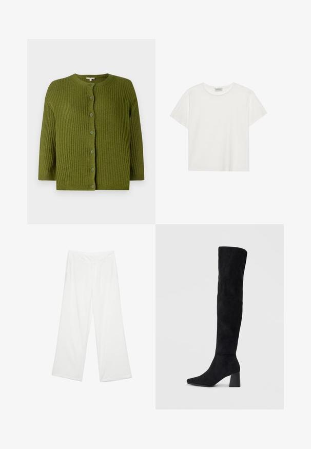Groene geribbelde gebreide cardigan met lange mouwen en zeven bijpassende knopen aan de voorkant, voorzien van een ronde halslijn en rechte zoom.; Witte T-shirt met korte mouwen, gemaakt van zachte katoen. Heeft een ronde halslijn en een relaxte pasvorm. Schoon ontwerp zonder zichtbare patronen of accenten.; Wijduitlopende broeken van witte stof, met een gladde textuur, zijzakken en een klassieke tailleband met riemlussen.; Zwarte suède kniehoge laars met blokhak, spitse neus en een glad, naadloos ontwerp op een effen lichte achtergrond.