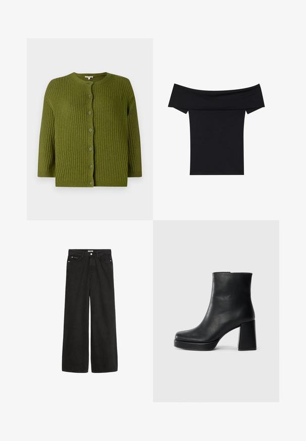 Cardigan en tricot côtelé vert avec des manches longues et sept boutons assortis sur le devant, présentant un col rond et un ourlet droit.; Haut noir à épaules dénudées en tissu extensible doux. Présente des manches courtes et une silhouette ajustée. Design simple et sans couture.; Jean en denim noir à jambes larges avec une taille haute. Comprend cinq poches, des éléments en métal et une finition soignée. La texture est lisse et douce.; Bottine en cuir noir avec un talon bloc et une semelle plateforme, vue de côté sur un fond blanc uni.