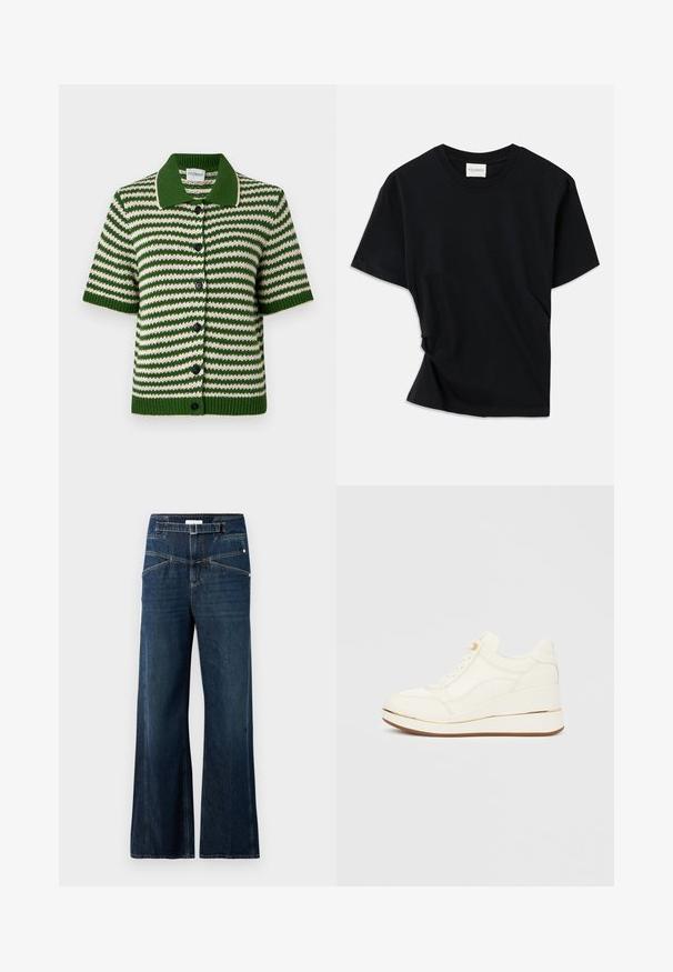 CLOSED CARDIGAN SHORT SLEEVE - Jopica - green; Črno majico iz mehkega bombaža odlikuje okrogla izreza, kratki rokavi in nekoliko zvit dizajn za sproščen fit.; Široke hlače iz temnorjavega denima, z visokim pasom, dvema sprednjima žepoma in kontrastnimi šivi.; Beli superge z teksturiranim vzorcem, zaobljenim sprednjim delom, zavezovanjem na vezalke in klinastim petnim delom, poudarjenim z zlato črto. Gumijast podplat.