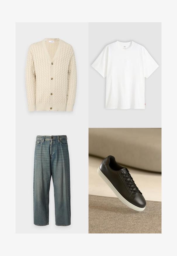 Beiges, adīts džemperis ar V veida kaklu, piecu pogu aizdare priekšā, ribotām aprocēm un apakšmalu, kā arī teksturētu audumu visā virsmā.; Balta īslaicīga T-krekla ar īsām piedurknēm, kas izgatavots no kokvilnas, ar apaļu kakla izgriezumu. Priekšpusē ir smalks reljefs ar logotipu un sarkans birka apakšmalā.; Gaiši zili džinsi ar brīvu piegriezumu, vidējo jostas augstumu un taisnām kājām. Satur piecas kabatas, jostas cilpas un pogu aizdari.; Melnas ādas sporta kurpes ar baltu gumijas zoli un melnām auklām, novietotas uz bēša auduma virsmas un fona.