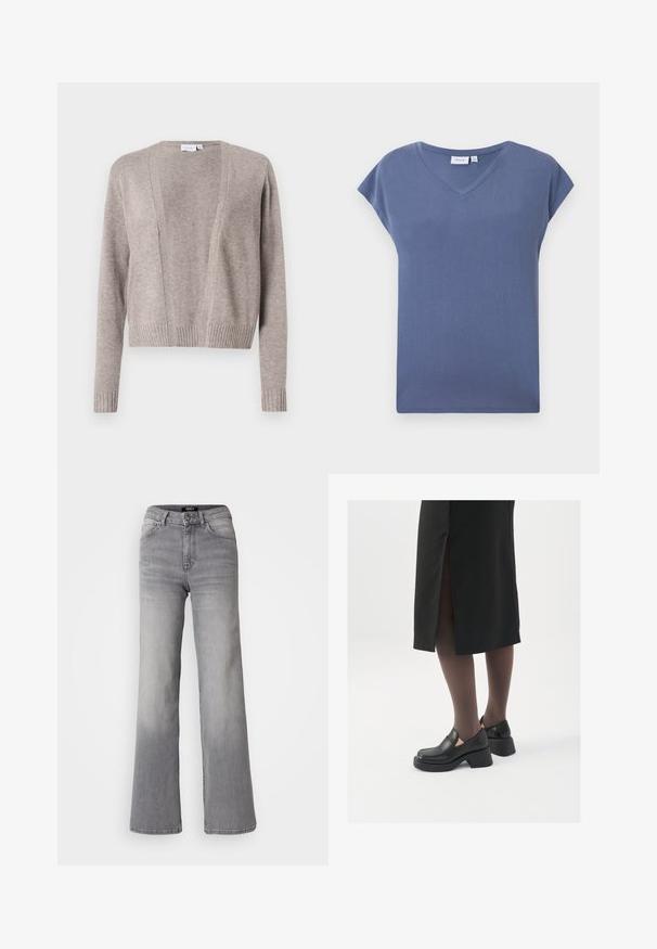 Svetlosivý béžový kardigán vyrobený z jemného materiálu, s krátkou dĺžkou, otvoreným predným dizajnom, dlhými rukávmi a rebrovanými manžetami.; Tričko s výstrihom do V a krátkymi rukávmi v tlmenej modrej farbe, vyrobené z mäkkej bavlny s hladkou textúrou a voľným strihom.; Džínsy z šedej denimu s vysokým pásom a rovnými nohavicami, s predným gombíkom a zipsom, prednými a zadnými vreckami, a vybledlým tieňovaním na stehnách a lýtkach.; Čierne kožené topánky s okrúhlou špičkou, silným blokovým opätkom a elastickými bočnými akcentmi, skombinované s tmavými pančuchami a čiernou sukňou so štiepením.