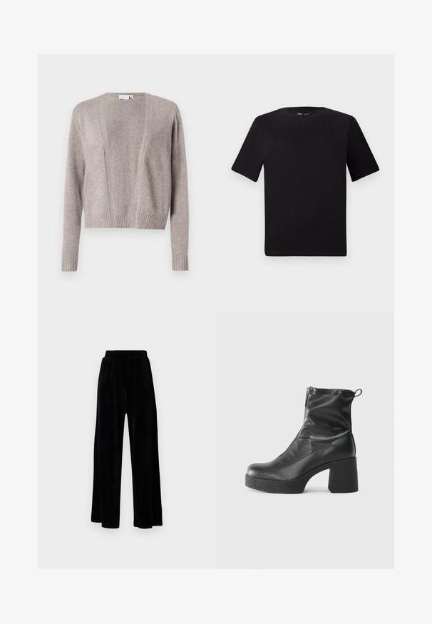 Šviesiai smėlinis kardiganas, pagamintas iš minkštos medžiagos, turintis trumpą ilgį, atvirą priekį, ilgomis rankovėmis ir raštuotus rankogalius.; Juodas trumpas rankovės marškinėlis su apvaliu iškirpimu, pagamintas iš minkštos medvilnės medžiagos. Paprastas dizainas, be matomų logotipų ar raštų.; Juoda plataus kirpimo kelnių pora, pagaminta iš minkštos velveto medžiagos, su elastingu juosmeniu ir glotnia tekstūra, be matomų detalių ar raštų.; Juodos kulkšninių botai, pagaminti iš lygaus odos, su šoniniu užtrauktuku, masyviu tekstūruotu kulnu ir apvaliu pirštu.