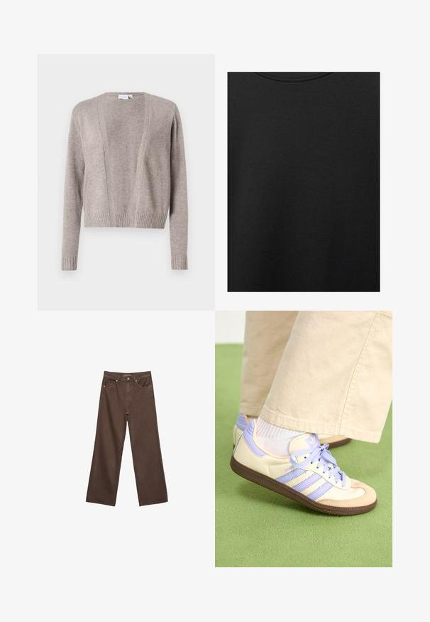 Svetlosivý béžový kardigán vyrobený z jemného materiálu, s krátkou dĺžkou, otvoreným predným dizajnom, dlhými rukávmi a rebrovanými manžetami.; Čierna bavlnená tkanina s hladkou textúrou a okrúhlym výstrihom, s jemným, rovnomerným zrnom. Žiadne viditeľné logo ani akcenty.; Džínsy s širokými nohavicami v hnedej farbe, vyrobené z denimu, so zvýšeným pásom, prednými vreckami a klasickým zapínaním na gombík. Hladká textúra s jemným prešívaním.; Krémovo-fialové tenisky so tromi pruhmi a štruktúrovanou hnedou podrážkou, s šnúrkami a polstrovaným opätkom. Mäkký textilný zvršok.