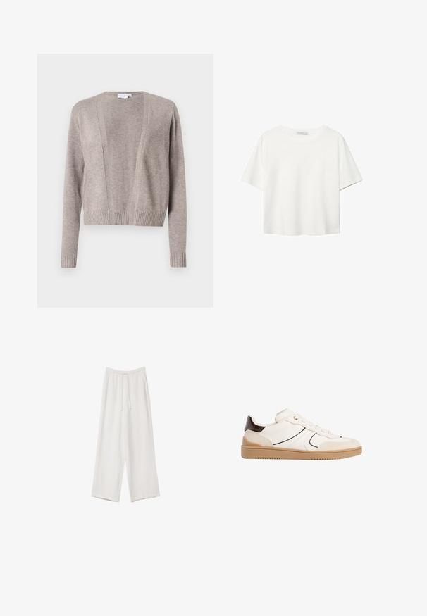 Helle beige Strickjacke aus weichem Stoff, mit einer verkürzten Länge, offenem Design, langen Ärmeln und Rippbündchen.; Weißes T-Shirt mit kurzen Ärmeln aus Baumwolle. Hat einen Rundhalsausschnitt und eine lockere Passform. Glatte Textur ohne sichtbare Muster oder Akzente.; Weiße weit geschnittene Hose aus leichtem Stoff. Mit einem elastischen Bund und Kordelzug sowie Seitentaschen. Glatte Textur.; Stradivarius Sneaker low - white