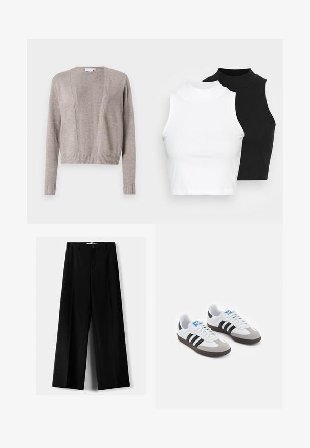 Svijetlo bež kardigan od mekog materijala, s krojem koji otkriva struk, otvorenim prednjim dijelom, dugim rukavima i rebrastim manžetama.; Dvije bezrukavne rebraste majice s visokim ovratnikom u crnoj i bijeloj boji, s prilagođenim dizajnom i glatkom teksturom, te skraćenom dužinom.; Crne široke hlače izrađene od lagane tkanine, s prednjim zatvaranjem na dugme i ravnim prednjim dijelom, sa uredno šivenim rubovima.; Sportske cipele s gornjištem od bijele kože, sivi suedinasti nos i tri crne pruge. Imaju plavi logo na jeziku i teksturiranu gumenu podlogu.