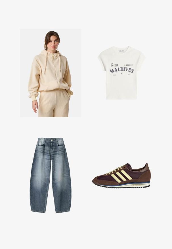 Crème ribbed hoodie met een rits aan de voorkant, grote capuchon en koordjes. Bevat een kangoeroezak en heeft een relaxed fit. Gecombineerd met ribbed broek.; Witte katoenen t-shirt met korte raglanmouwen. Heeft een opdruk van de tekst "MALDIVES" in donkergrijs, samen met logo's en de jaren 2008 en 2014.; Wijd gesneden jeans van lichtblauwe denim met vervaging, met een vijf-pocket ontwerp, knoopsluiting en minimale stikdetails.; Bruine en bordeauxkleurige sneaker van suede en mesh materiaal, met drie crèmekleurige strepen, een gemêleerd stof op de tong en een rubberen zool.
