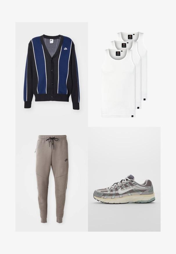 Cardigã tricotado em azul marinho e preto com riscas brancas verticais, decote em V, fecho com botões e um pequeno logótipo do lado esquerdo.; Três tops em algodão de alças brancas com nervuras. Apresentam um decote redondo e pequenas etiquetas pretas perto da bainha. Disponíveis em vários tamanhos.; Calças de treino cinzentas da Nike com um cós elástico ajustável, pernas ajustadas, bolsos laterais e pormenores de costura distintos. Tecido suave e texturizado.; Sapatilha atlética cinza com parte superior em malha e camurça, detalhes brancos, sola acolchoada e um design distinto com elementos refletivos.