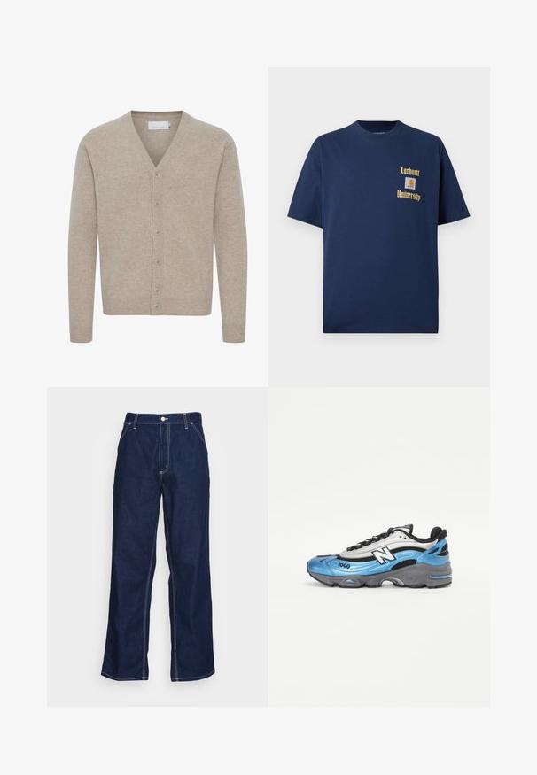 Bež kardigan od mekog materijala, s v-izrezom, zatvaranjem na sedam dugmadi, rebrastim manžetama i donjim rubom, s glatkom teksturom.; Tamno plavi pamukasti majica s kratkim rukavima, s zlatnim natpisom "Carhartt University" i logotipom na lijevoj strani grudi.; Tamno plave traperice širokih nogavica s visokim strukom, prednjim džepovima i kontrastnim bijelim šavovima.; Plava i srebrna atletska cipela od mrežastih i sintetičkih materijala, s debelim siva potplatom i istaknutim crnim detaljima. Broj modela 1000 je vidljiv.