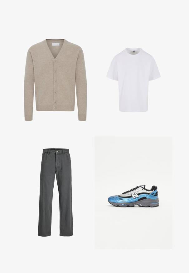 Beige cardigan made of soft fabric, featuring a v-neck, seven-button closure, ribbed cuffs, and hem, with a smooth texture.; White cotton t-shirt with a crew neckline, short sleeves, and a straight hem. The fabric appears smooth with a classic, relaxed fit.; Dark gray wide-leg jeans made from denim. Features a front button and zipper closure, belt loops, and a classic five-pocket design.; Blue and silver athletic shoe with mesh and synthetic materials, featuring a thick gray sole and prominent black accents. Model number 1000 visible.