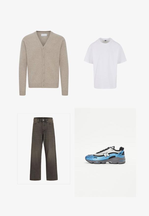 Cardigan beige realizzato in tessuto morbido, con scollatura a V, chiusura con sette bottoni, polsini e orlo a costine, con una texture liscia.; T-shirt bianco in cotone con scollo rotondo, maniche corte e orlo diritto. Il tessuto sembra liscio con una vestibilità classica e rilassata.; Jeans a gamba larga in denim grigio scuro, con vita alta, design classico a cinque tasche e cuciture a contrasto lungo le cuciture.; Scarpa da atletica blu e argento con materiali in rete e sintetici, dotata di una suola grigia spessa e accenti neri prominenti. Numero di modello 1000 visibile.