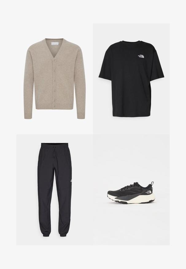 Bežinis kardiganas, pagamintas iš minkštos medžiagos, turintis V formos iškirptę, septynių mygtukų užsegimą, raukšlėtus rankogalius ir apatinę dalį, su lygiu paviršiumi.; Juodas medvilninis marškinėliai su apvalia iškirpte ir trumpomis rankovėmis. Kairiajame krūtinės šone yra baltas logotipas. Paprastas, laisvas siluetas.; Juodos sportinės kelnės, pagamintos iš lengvos medžiagos, su raišteliu liemens srityje, šoniniais kišenėmis ir siaurėjantys apykaklės prie kulkšnies.; Juodas sportinis batelis su tekstūruotu tinkleliu, solidžiai juodais akcentais ir lengvu baltu padu. Yra raištelių uždarymas ir trauktukas.