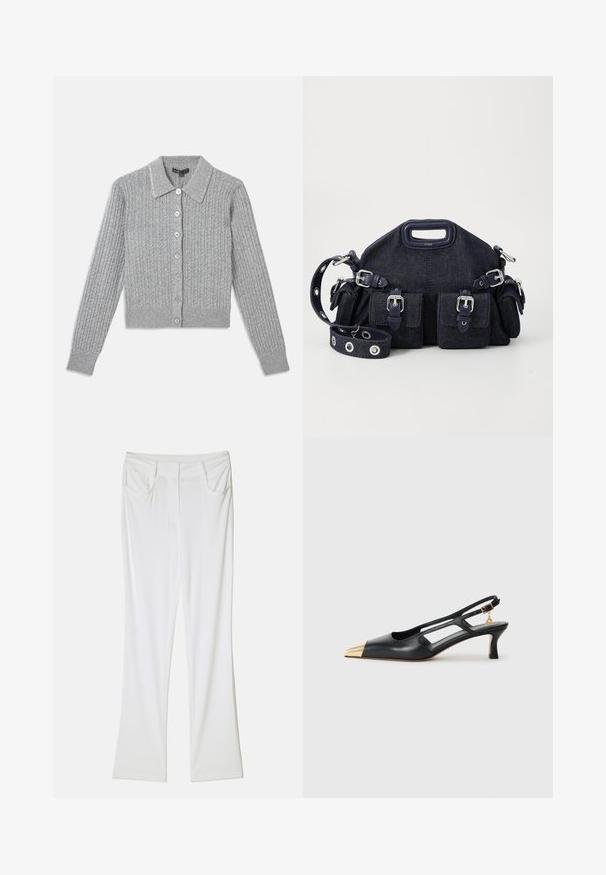 Szary żebrowany kardigan z kołnierzykiem, zapinany na siedem guzików z przodu oraz ozdobnym detalem kołnierza. Miękka dzianinowa tekstura, dopasowany kształt.; Biała satynowa bluzka z długim rękawem, z guziczkami z przodu, luźny krój i skrócony fason przechodzący w dolną część bodysuit. Gładka tekstura.; Białe spodnie w kształcie dzwonów o gładkiej fakturze materiału, z dwoma przednimi kieszeniami i przeszywaną talią, zapewniającą dopasowany wygląd.; Czarne skórzane buty slingback z wysmuklonym noskiem i złotą metalową czubkiem. Posiadają wycięcia w designie oraz smukły obcas z regulowanym paskiem.; Ciemnoniebieska torba z denimu o zaokrąglonym kształcie, z wieloma zewnętrznymi kieszeniami, regulowanym paskiem oraz srebrnymi akcentami metalowymi. Dołączony uchwyt na górze.