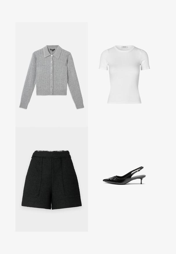 Harmaa röyhelöcardigan, jossa on kauluksellinen pääntie, seitsemän napin etulista ja koristeltu kaulustiedot. Pehmeä neulottu rakenne, istuva malli.; Valkoinen lyhythihainen t-paita ribbineulosta. Pyöreä pääntie ja vartalonmyötäinen leikkaus. Sileä pinta ilman kuvioita.; Mustat lyhyet housut, jotka on valmistettu teksturoituneesta kankaasta, jossa on purjehtimisen reunat. Housuissa on kaksi etutaskua ja ne istuvat hyvin.; Mustat nahkaiset slingback-korkokengät, joissa on terävä kärki, pieni kitten-korko ja koristeellinen solki edessä. Yksinkertainen pinta kauttaaltaan.