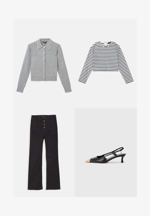 Szürke bordázott kendő, gallérral ellátott nyakkal, hét gombos elülső záródással és díszített gallér részlettel. Puha kötött textúra, testhezálló fazon.; Csíkos hosszú ujjú felső fehér és tengerészkék színben, rövidített fazon, kerek nyakkivágással, a gallérrészén dekoratív ezüst lánc részlettel.; Fekete, bővülő szárú farmernadrág, magas derékkal, öt zsebes dizájnnal és elöl négy fémből készült gombbal záródik.; Fekete bőr slingback cipő hegyes orral és arany fémes orrbetéttel. Kivágott designnal és vékony sarokkal rendelkezik, állítható pánttal.