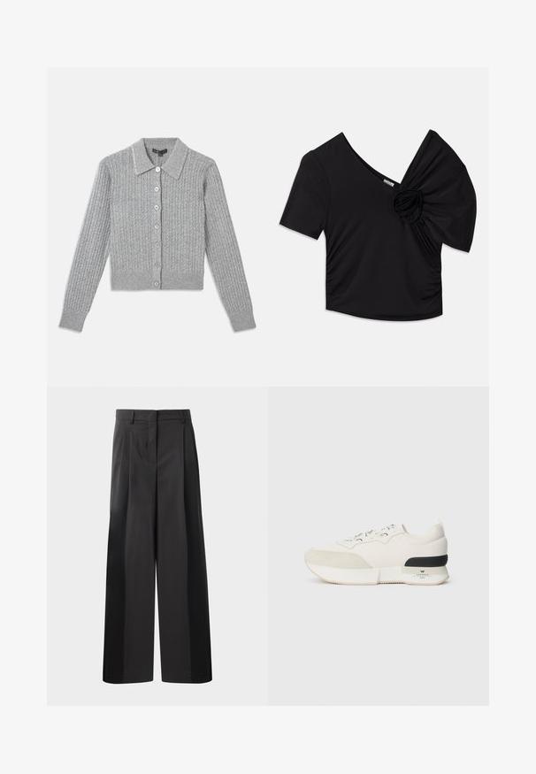 Pelēkā ribota kardigāna ar apkakli, septiņām pogām priekšpusē un rotātām apkakles detaļām. Mīksta adīta tekstūra, pieguloša forma.; Melna īsām piedurknēm topa augšdaļa ar dziļu V veida kakla izgriezumu un teksturētu ziedu akcentu uz viena pleca, kā arī savelktām detaļām sānos.; Melni platajā kājās bikses ar augsto jostasvietu, kas ar priekšējiem krokām, gludu tekstūru un pielāgotu apdari. Veidotas relaksētai piegrieztei.; Baltie kedas ar teksturētu zamšādu purngalu, gludu acu auduma augšdaļu, dekoratīvu auklu un melnu gumijas papēža akcentu.