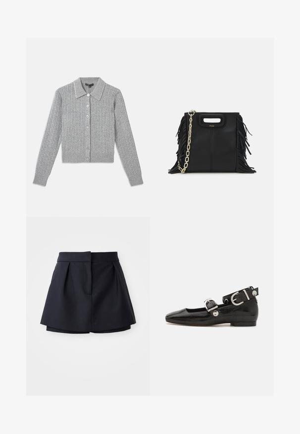 Γκρίζα ριγέ κάρντιγκαν με γιακά, κλείσιμο μπροστά με επτά κουμπιά και λεπτομέρεια διακοσμητικού γιακά. Μαλακή πλεκτή υφή, εφαρμοστό σχήμα.; Ναυτικό ριγωτό πόλο μπλουζάκι με αιχμηρό γιακά, κοντά μανίκια και δύο μπροστινές τσέπες με κουμπιά κλικ, διακοσμημένο με λευκές ραφές.; Ναυτικά καμπρί shorts με ψηλή μέση, κατασκευασμένα από μαλακό ύφασμα. Διαθέτουν εφαρμοστό σχέδιο και κρυφή μπροστινή τσέπη.; Μαύρο παπούτσι με πατεντέ δέρμα, επίπεδη σόλα και τετράγωνη μύτη, με λουράκι στον αστράγαλο που διαθέτει ασημί εξαρτήματα. Λείο υλικό με μινιμαλιστικό σχέδιο.; Μαύρη δερμάτινη τσάντα με λεπτομέρειες φούντας, χρυσή αλυσίδα στον ώμο και κομμένο χερούλι. Διαθέτει τοποθέτηση λογότυπου στην πρόσοψη.