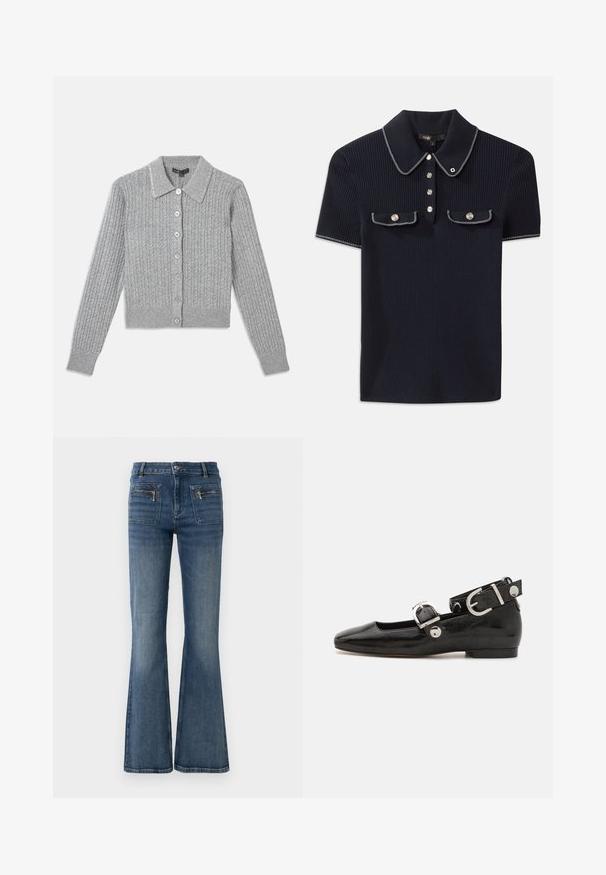 Grau gerippter Cardigan mit Kragen, siebenknopfiger Frontverschluss und verzierten Kragen. Weiche Stricktextur, taillierte Form.; Navyblaues gestreiftes Poloshirt mit spitzem Kragen, kurzen Ärmeln und zwei vorderen Taschen mit Druckknöpfen; hervorgehoben durch weiße Steppnähte.; Ausgestellte blaue Jeans aus Denim mit mittelhohem Bund, ausgestattet mit Vorder- und Gesäßtaschen sowie einer dezenten ausgeblichenen Waschung.; Schwarze Lackleder-Ballerina mit eckiger Zehenpartie, Knöchelriemen mit silberner Hardware und flacher Sohle. Glatte Textur mit minimalistischen Design.
