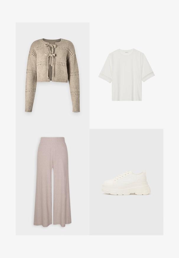 Vero Moda ADELINA jasny brąz; Biała, krótka koszulka z bawełny z dekoracyjnym koronkowym wykończeniem przy rękawach i okrągłym dekoltem.; Jasnoszare szerokie spodnie wykonane z miękkiego, żebrowanego materiału, z wysokim stanem i pełnej długości nogawkami o subtelnej teksturze.; Białe płócienne trampki z grubą podeszwą, okrągłym noskiem i pięcioma oczkami na sznurowadła. Tylny uchwyt ułatwiający zakładanie. Gładka faktura, minimalistyczny design.