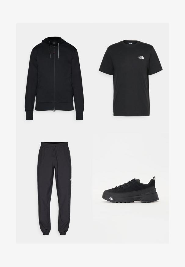 Mustast kangast tõmblukuga huppar. Omab reguleeritavat kapuutsi, küljetaskuid ja soonikuga mansette. Sile tekstuur ning minimaalset disaini.; Musthave musta puuvillane T-särk lühikeste varrukatega, ümmargune kaelus ja väike valge logo vasakul rinnal. Lihtne disain, sile tekstuur ja mugav lõige.; Mustavad sportlikud püksid, mis on valmistatud kergest kangast, joonlauaga taljest, küljetaskudega ja kitsenevate varrukatega pahkluude juures.; Must musta jalats, millel on sametised ülemused, tekstuuriga kummist põhi ja vastupidav sidumise süsteem. Omab tugevdust kannaosas ja brändi logo küljes.