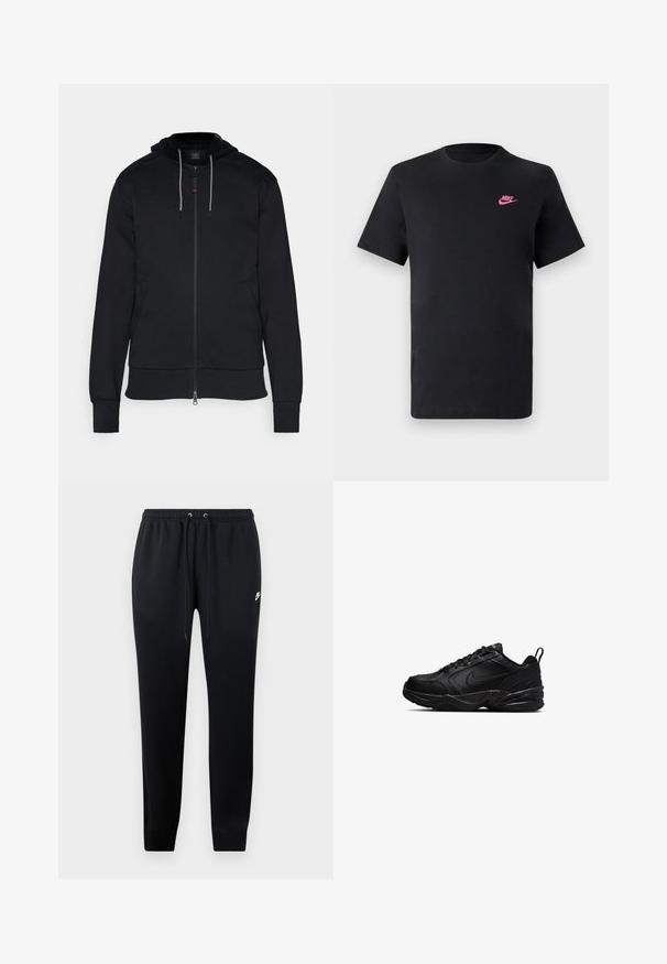 Sort zip-up hoodie lavet af bomuld. Har en hætte med snor, sidelommer og ribbede cuffs. Glat tekstur med minimalt design.; Sort bomulds T-shirt med rund halsudskæring og korte ærmer. Har et pink Nike-logo på øverste venstre side. Glat tekstur.; Sorte sweatshirtbukser lavet af blødt stof, med elastisk talje og snoretræk, ribbede ankler og en lille logo-detalje på siden.; Nike Performance AIR MONARCH IV - Sneakers - black