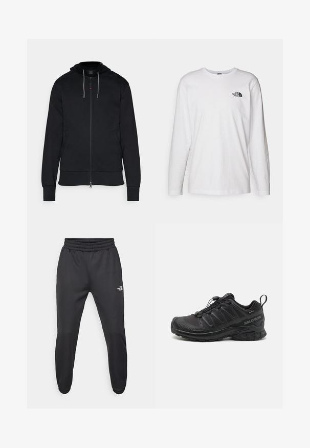 Sort zip-up hoodie lavet af bomuld. Har en hætte med snor, sidelommer og ribbede cuffs. Glat tekstur med minimalt design.; Hvid langærmet T-shirt lavet af bomuld med rund hals. Har et lille sort logo på brystet. Glat tekstur, almindelig pasform.; Sorte sweatpants med snor i livet, tætsiddende pasform, elastiske manchetter og et lille hvidt logo på venstre lår, lavet af glat stof.; Sort atletik sko med en struktureret syntetisk overdel, polstret sål og et hurtiglukkesystem. Har forstærket tå og hæl.