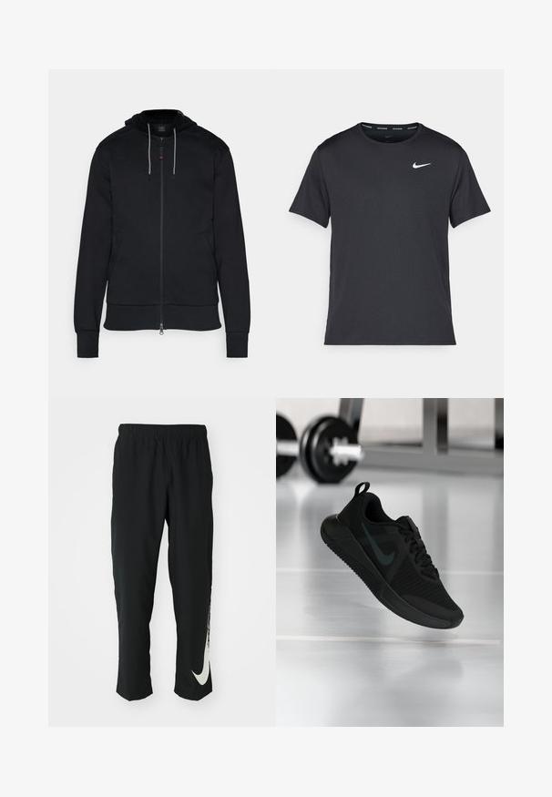 Corta-vento preto de fecho com capuz, feito de algodão. Apresenta um capuz com cordão, bolsos laterais e punhos canelados. Textura suave com mínimos detalhes de design.; T-shirt de corrida Nike preto, feito de material leve e respirável, com mangas curtas e um pequeno logo branco no peito.; Calças atléticas pretas com cintura elástica, design afunilado, apresentando um grande logótipo branco da Nike na perna esquerda. Tecido macio e leve.; Ténis desportivo preto com parte superior em malha texturizada, sola de borracha e um destacado logótipo swoosh escuro. Apresenta uma gola acolchoada e design com atacadores.