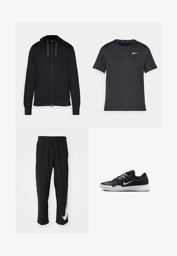 Corta-vento preto de fecho com capuz, feito de algodão. Apresenta um capuz com cordão, bolsos laterais e punhos canelados. Textura suave com mínimos detalhes de design.; T-shirt de corrida Nike preto, feito de material leve e respirável, com mangas curtas e um pequeno logo branco no peito.; Calças atléticas pretas com cintura elástica, design afunilado, apresentando um grande logótipo branco da Nike na perna esquerda. Tecido macio e leve.; Sapatilha atlética preta com um cabedal texturizado, swoosh branco da Nike e uma sola de borracha branca. Apresenta um design com atacadores e uma forma dinâmica.