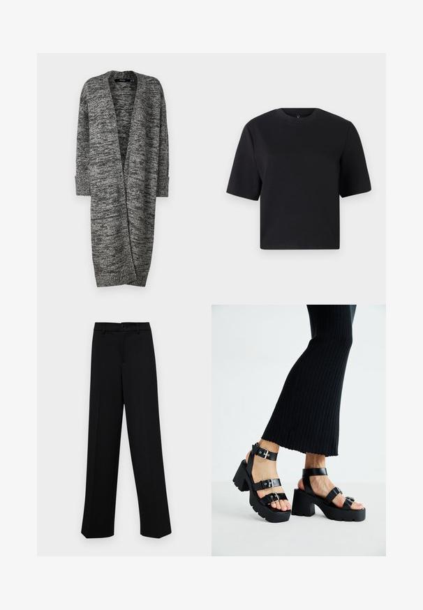 Vero Moda VMPHILLIS LONG OPEN - Cardigan - black/birch; Black short-sleeve t-shirt, round neckline, made from smooth cotton fabric; relaxed fit, minimal design, no visible patterns or accents.; Black wide-leg trousers made of smooth fabric, featuring a classic waistband with a button closure and front pleats.; Black platform sandals with chunky, lug soles and multiple straps, featuring metal buckles and a smooth leather-like texture.