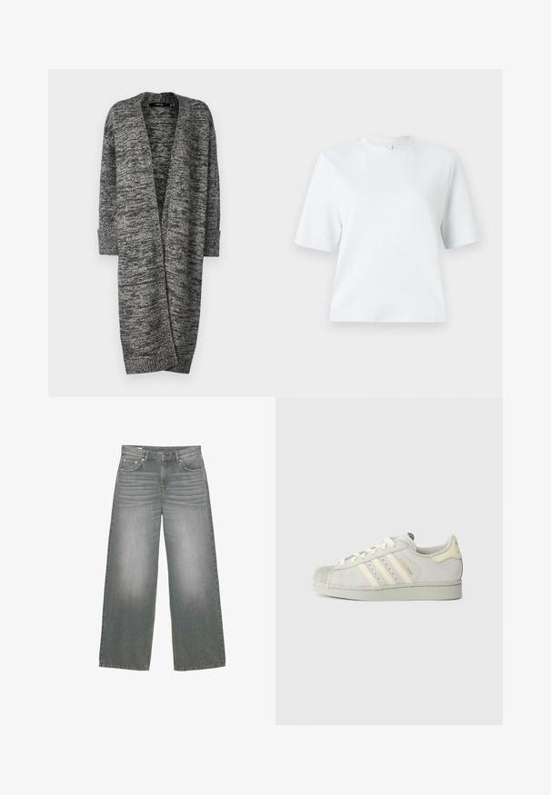 Vero Moda VMPHILLIS LONG OPEN - Kardigán - black/birch; Világoskék, rövid ujjú póló, puha pamutból készült. Klasszikus, kerek nyakú és laza szabású, minta vagy díszítés nélkül.; Széles lábú, szürke farmernadrág, amely enyhén kopott textúrával, öt zsebes kialakítással és klasszikus gombos-cipzáras záródással rendelkezik.; Világosszürke velúr sportcipő, gumitalppal, három bézs csíkkal, texturált orr résszel és arany felirattal az oldalon.