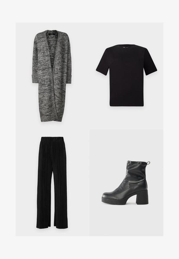 Vero Moda VMPHILLIS LONG OPEN - Strickjacke - black/birch; Schwarzes T-Shirt mit kurzen Ärmeln und Rundhalsausschnitt, aus weichem Baumwollmaterial gefertigt. Schlichtes Design, keine sichtbaren Logos oder Muster.; Schwarze plissierte Hose mit elastischem Bund. Verfügt über weite Hosenbeine und einen glatten, strukturierten Stoff mit vertikalen Streifen.; Schwarze Stiefeletten aus glattem Leder mit seitlichem Reißverschluss, klobigem strukturiertem Absatz und runder Zehenform.