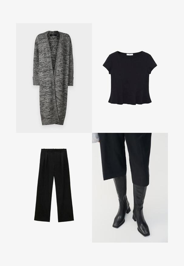 Vero Moda VMPHILLIS LONG OPEN - Cardigan - black/birch; Black short-sleeve top made of soft fabric, featuring a rounded neckline and a flared hem with subtle seam detailing.; Black wide-leg trousers with pleats, featuring a smooth texture and a high waist design. Minimalist style, no visible hardware or embellishments.; Black leather knee-high boots with a square toe and a block heel. Features a side zipper and smooth texture.