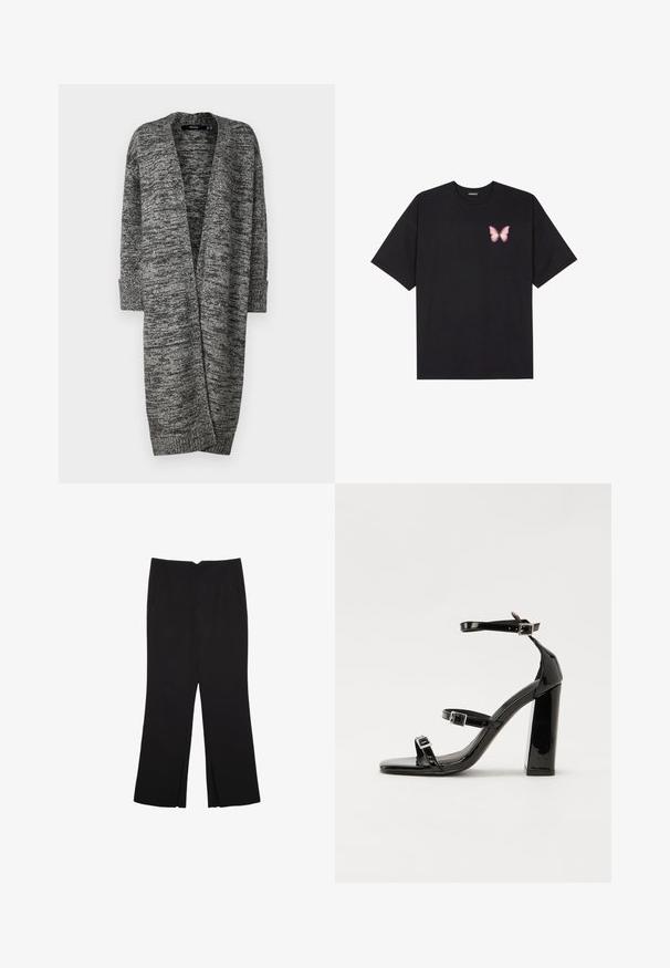 Vero Moda VMPHILLIS LONG OPEN - Kardigan - black/birch; Černé bavlněné tričko s krátkým rukávem, na levém prsou s malou grafikou růžové motýlky. Design s kruhovým výstřihem a volným střihem.; Černé kalhoty s rovným střihem, s předními kapsami a bočními rozparky na lemu. Vyrobené z jemné, hladké tkaniny. Vhodné na různé příležitosti.; Černé lakované sandály na podpatku se čtveratou špičkou, lýtkovými pásky a stříbrnými přezkami. Disponují masivním blokovým podpatkem pro stabilitu.