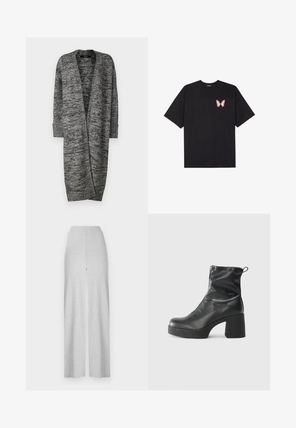 Vero Moda VMPHILLIS LONG OPEN - Kardigan - black/birch; Must muströöpidega must puuvillane T-särk, vasakul rinnal on väike roosa liblikas. Ümar kaelus ja vabalt istuv lõige.; Heledad hallhalli ribatatud lai jalataskud kõrge vöökoht ja ees olev lõhe. Valmistatud pehmest kangast, millel on sile tekstuur.; Mustad mustad ansapüksid, mis on valmistatud siledast nahast, külje zipperiga, paksu tekstuuriga kontsaga ja ümmarguse nina disainiga.