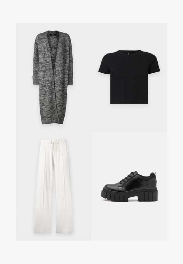 Vero Moda VMPHILLIS LONG OPEN - Kardiganas - black/birch; Juoda trumpomis rankovėmis marškinėliai, pagaminti iš švelnios medvilnės. Turi apvalų kaklą ir prigludusį dizainą. Lygi tekstūra be raštų ar akcentų.; Šviesiai smėlio spalvos sportinės kelnės, pagamintos iš minkštos medžiagos, su raišteliu juosmenyje, plačiomis ilgomis kojomis ir vertikaliomis siūlėmis, turinčios lygų paviršių.; Juodi odiniai platformos batai su masyviu blokuota kulniuku, apvalia nosimi ir tradiciniu šnypštimo dizainu. Turintys glotnų paviršių ir minimalų dekoravimą.