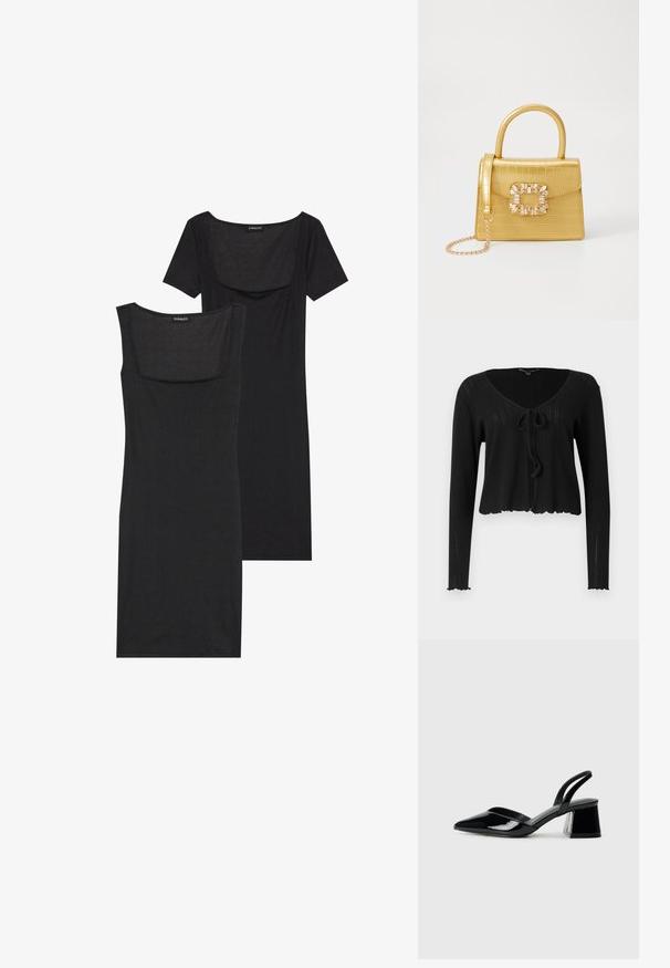 Black cropped cardigan with long sleeves, featuring a V-neckline, tie closure at the front, and ribbed texture with a scalloped hem.; Black bodycon dress with a square neckline, short sleeves, and ribbed texture. Two variations: light black and deeper black shades shown.; Black patent leather slingback heels with a pointed toe and a geometric block heel. Features a sleek, minimal design and smooth texture.; Yellow faux-crocodile handbag with a structured design, top handle, detachable chain strap, and decorative crystal embellishment on the clasp.