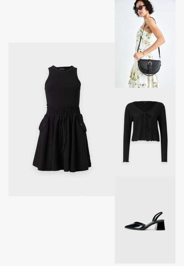 Black cropped cardigan with long sleeves, featuring a V-neckline, tie closure at the front, and ribbed texture with a scalloped hem.; Black sleeveless dress with a ribbed top and a flared skirt. Features an elastic waistband and two side pockets with buttons.; Black patent leather slingback heels with a pointed toe and a geometric block heel. Features a sleek, minimal design and smooth texture.; Black leather handbag with a curved shape, detachable strap, and gold hardware. The bag features a flap with a buckle detail.