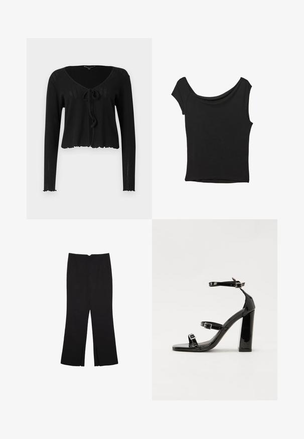 Cardigan noir court à manches longues, avec un décolleté en V, fermeture à lacer à l'avant et texture côtelée avec un ourlet ondulé.; Haut noir à manches courtes en tissu lisse ; il présente un col drapé et un ourlet asymétrique, avec un corps ajusté.; Pantalon noir avec une coupe droite, doté de poches avant et d'éclairs sur l'ourlet. Fabriqué en tissu doux et lisse. Convient à diverses occasions.; Sandales à talons vernies noires avec un bout carré, des sangles autour de la cheville et des boucles en argent. Dotées d'un talon bloc épais pour plus de stabilité.