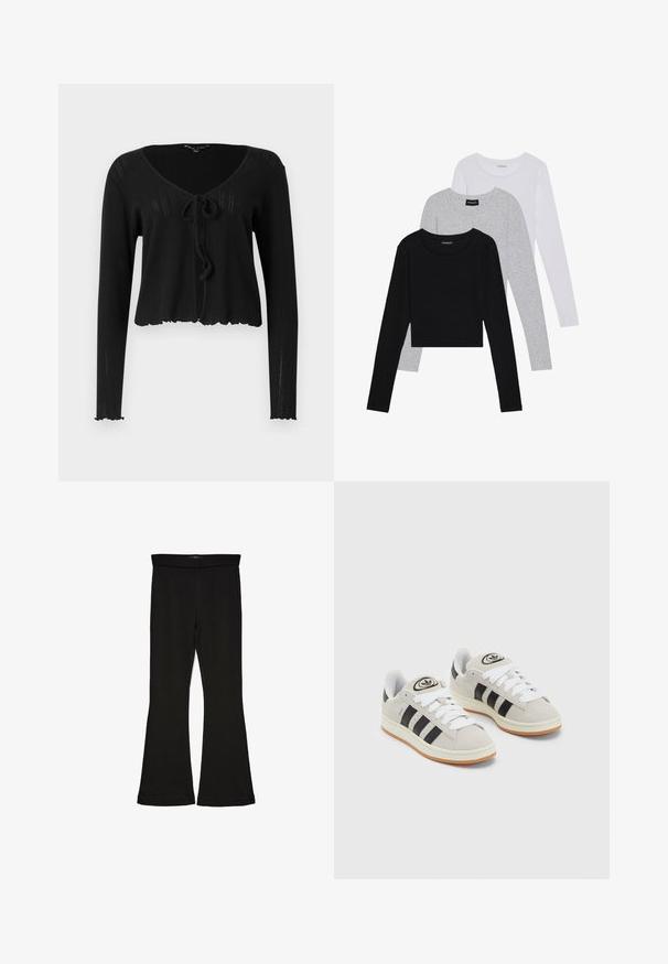 Cardigan cropped nero con maniche lunghe, caratterizzato da un collo a V, chiusura a fiocco nella parte anteriore e texture a coste con orlo scalloppato.; Tre magliette a maniche lunghe impilate: nera, grigia e bianca. Ognuna ha un colletto rotondo e un design accorciato con tessuto morbido e leggero.; Leggings a zampa nera realizzati in un tessuto elasticizzato. Presentano una vita alta e una superficie liscia, con una silhouette aderente che si ampia all'orlo.; Sneakers in suede grigio con lacci bianchi, strisce nere e suola in gomma bianca. Presentano un logo circolare sulla linguetta e una suola in gomma.