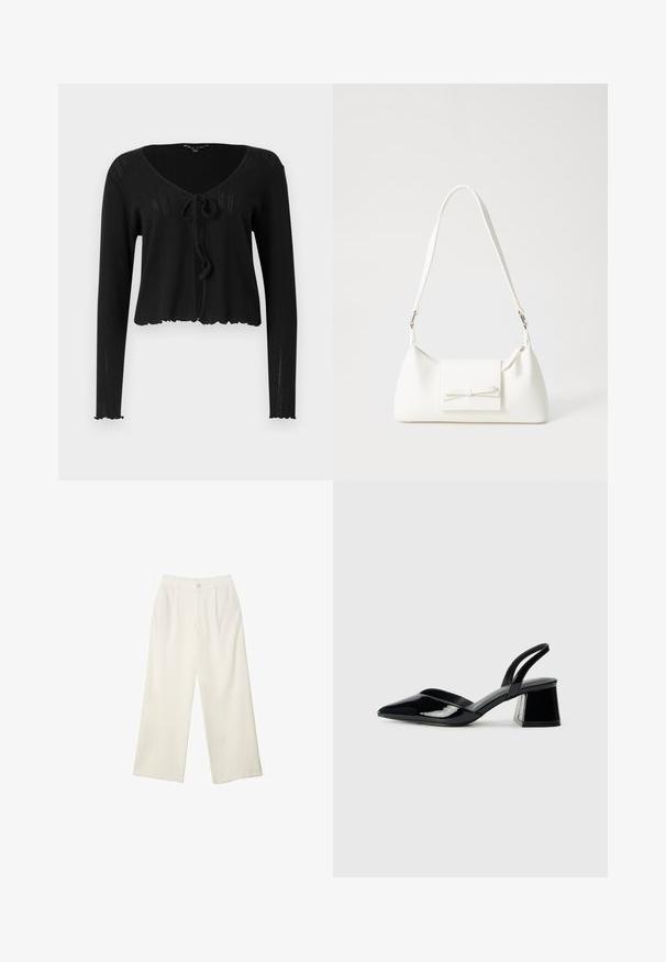Black cropped cardigan with long sleeves, featuring a V-neckline, tie closure at the front, and ribbed texture with a scalloped hem.; Black tank top made of cotton, featuring a round neckline and wide armholes. Smooth texture with stitched hems. Classic, minimalist design.; Wide-leg trousers in cream fabric with a smooth texture, featuring a single front button, subtle pleats, and a high waist design.; Black patent leather slingback heels with a pointed toe and a geometric block heel. Features a sleek, minimal design and smooth texture.; White synthetic handbag with a triangular shape, flat front flap and bow detail, adjustable strap, smooth texture, and minimalistic design.