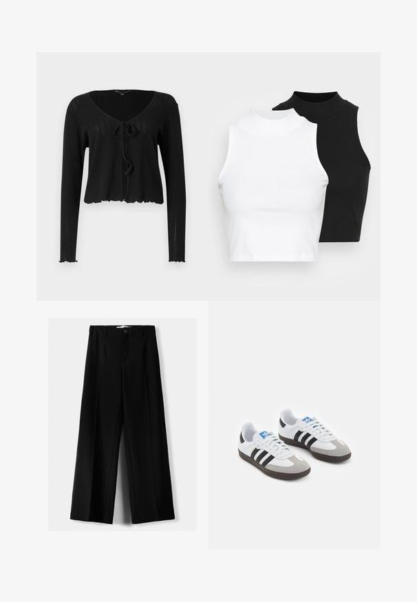 Schwarze verkürzte Strickjacke mit langen Ärmeln, V-Ausschnitt, Bindebandverschluss vorne und gerippter Textur mit gewelltem Saum.; Zwei ärmellose, gerippte Rollkragenoberteile in Schwarz und Weiß, mit einer figurbetonten Passform und glatter Textur sowie einer cropped Länge.; Schwarze weite Hosen aus leichtem Stoff, mit einem Knopfverschluss vorne und flachem Bund, mit sorgfältig genähten Säumen.; Sportschuhe mit einem Obermaterial aus weißem Leder, grauer Wildleder-Zehenkappe und drei schwarzen Streifen. Sie verfügen über ein blaues Logo auf der Zunge und eine strukturierte Gummisohle.