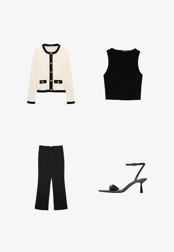 Kremni kardigan z črnimi akcenti. Ima okroglo ovratnico, dolge rokave in zlate gumbe. Spredaj sta dva črna žepa z zavihki.; Črn brez rokavov crop top, izdelan iz gladkega materiala, z okroglim izrezom in čistim, preprostim dizajnom brez vzorcev ali dodatkov.; Črne hlače ravnega kroja z naglavnimi žepi in stranskimi razporki na robu. Narejene iz mehke, gladke tkanine. Primerne za različne priložnosti.; Bershka Sandali z visoko peto - black