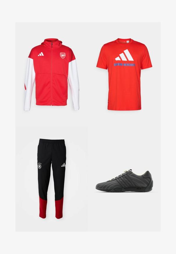 Felpa con zip rossa e bianca, caratterizzata da un grande logo dell'Arsenal sul petto, tre strisce sulla spalla e una vestibilità liscia e sportiva.; T-shirt in cotone rosso con logo bianco a tre strisce e "BAYERN MÜNCHEN" in blu. Collo rotondo e maniche corte, design semplice.; Pantaloni sportivi neri con gambe inferiori rosse, vita elasticizzata, logo Adidas sulla coscia destra e emblema della squadra di calcio della Germania sulla coscia sinistra.; adidas Originals ADIRACER UNISEX - Sneakers basse - core black/cream white
