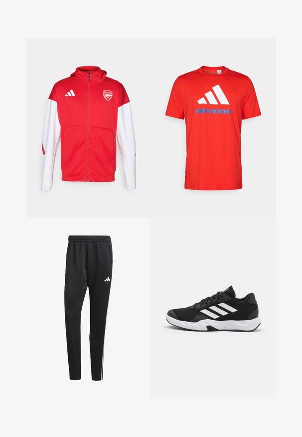 Raudonas ir baltas zip-up džemperis su dideliu Arsenal logotipu krūtinėje, trimis dryžiais ant pečių ir lygia, sportiškais siluetu.; Raudona medvilninė marškinė su balta trimis juostelėmis ir "BAYERN MÜNCHEN" mėlyna spalva. Apvalus kaklas ir trumpi rankovės, paprastas dizainas.; Juodos sportinės kelnes su tampriu juosmeniu, baltomis šoninėmis juostelėmis ir mažu baltu logotipu ant šlaunies. Pagamintos iš sklandžios, lengvos medžiagos.; Juodi sportiniai batai su tekstūruotu tinkliniu paviršiumi, baltais akcentų dryžiais, paminkštintu padu ir sustiprintu kulnu paramai.