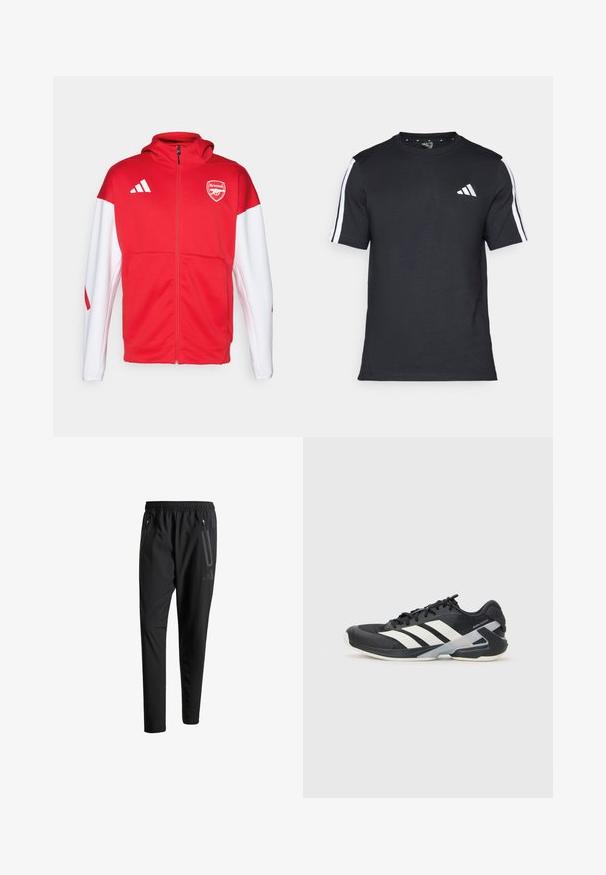 Rote und weiße Zip-Hoodie, mit einem großen Arsenal-Logo auf der Brust, drei Streifen auf der Schulter und einer glatten, sportlichen Passform.; Schwarzes T-Shirt aus Baumwolle mit kurzen Ärmeln, ausgestattet mit weißen Streifen auf den Schultern und einem weißen Logo auf der linken Brust.; Schwarze Sporthose mit elastischem Bund, zwei Reißverschlusstaschen an den Seiten, schmal zulaufenden Beinen und einem dezenten Logo-Detail an der Hüfte.; Schwarzer Sportschuh mit weißen Streifen, Obermaterial aus Mesh, runde Zehenform und gepolstertem Sohlenteil. Verfügt über eine strukturierte Ferse und ein sicheres Schnürsystem.