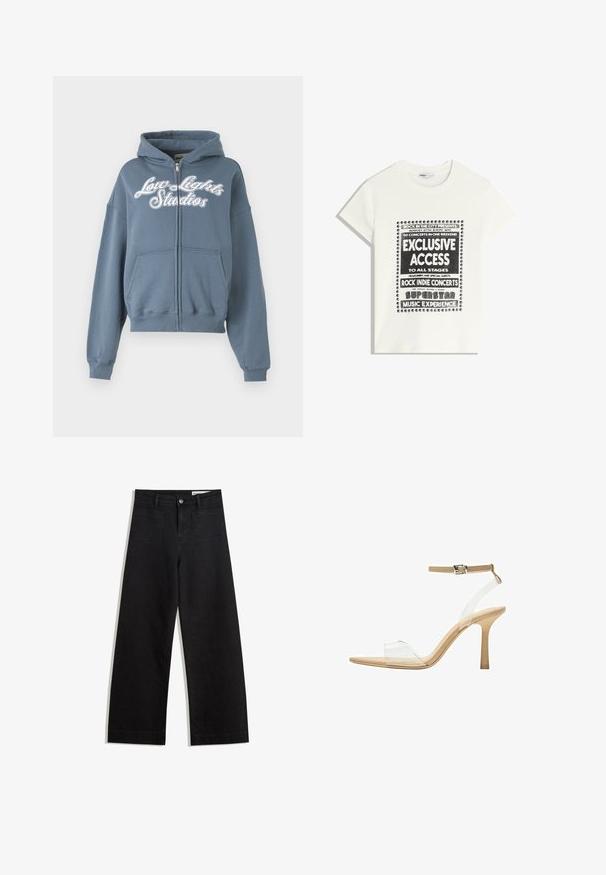 LOW LIGHTS STUDIOS® SHUTTER WOMAN ZIPPER - Kapucnis pulóver - dusty blue; Fehér póló fekete felirattal, amely egy zenei eseményt népszerűsít, benne az "Exkluzív Hozzáférés", "Rock Indie Koncertek" és "Szupersztár Zenei Élmény" szöveggel.; Fekete, bő szabású farmernadrág magas derékkal, elülső és hátsó zsebekkel, varrott felületekkel és gombos záródással. Sima textúra.; Átlátszó felsőrészű, áttetsző sarkú szandál, bézs talpbetéttel és vékony bokapánttal. Hegyes orral és vékony, magas sarokkal rendelkezik.